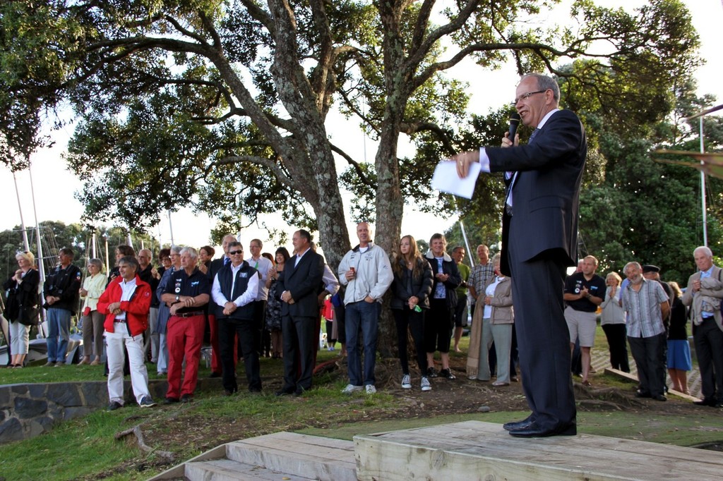 Mayor Brown addresses the competitors, officials and supporters - Opening Ceremony - 2012 470 Youth Worlds © Richard Gladwell www.photosport.co.nz